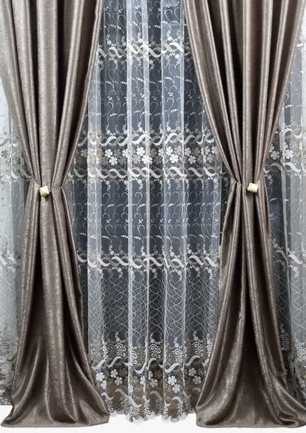 Set 2 draperii black-out Mastel bej-nisip cu perdea brodata ivoire-bej model BR6 confectionate cu rejansa - imagine 2