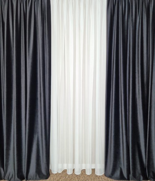 Set MASTEL 2 draperii catifea lux negru cu perdea voal alb confectionate cu rejansa