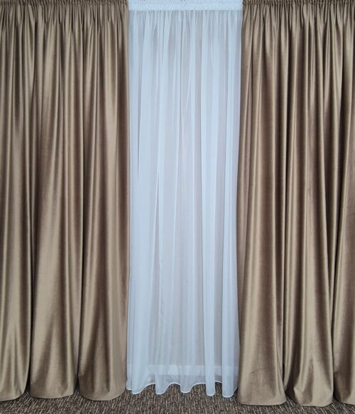 Set 2 draperii catifea lux MASTEL culoare bej confectionate cu rejansa plus bride de prindere