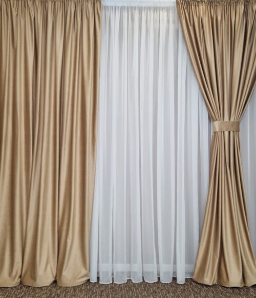 Set 2 draperii catifea lux MASTEL culoare cappuccino confectionate cu rejansa plus bride de prindere