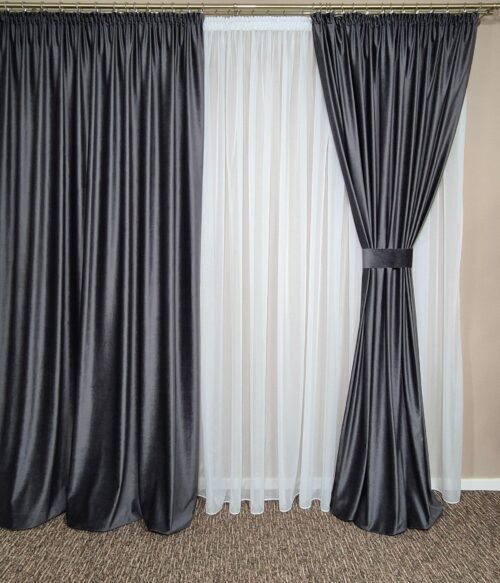 Set 2 draperii catifea lux MASTEL culoare gri inchis confectionate cu rejansa plus bride de prindere
