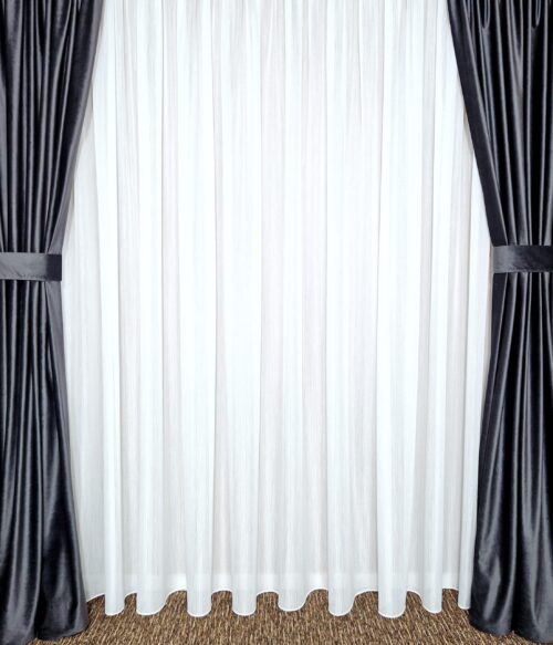 Perdea MASTEL alb model DG dungi cu insertii argintii confectionata cu rejansa