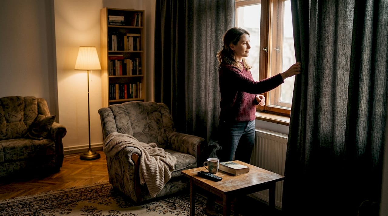 O femeie trage draperiile opace în living, lăsând încăperea în întuneric.