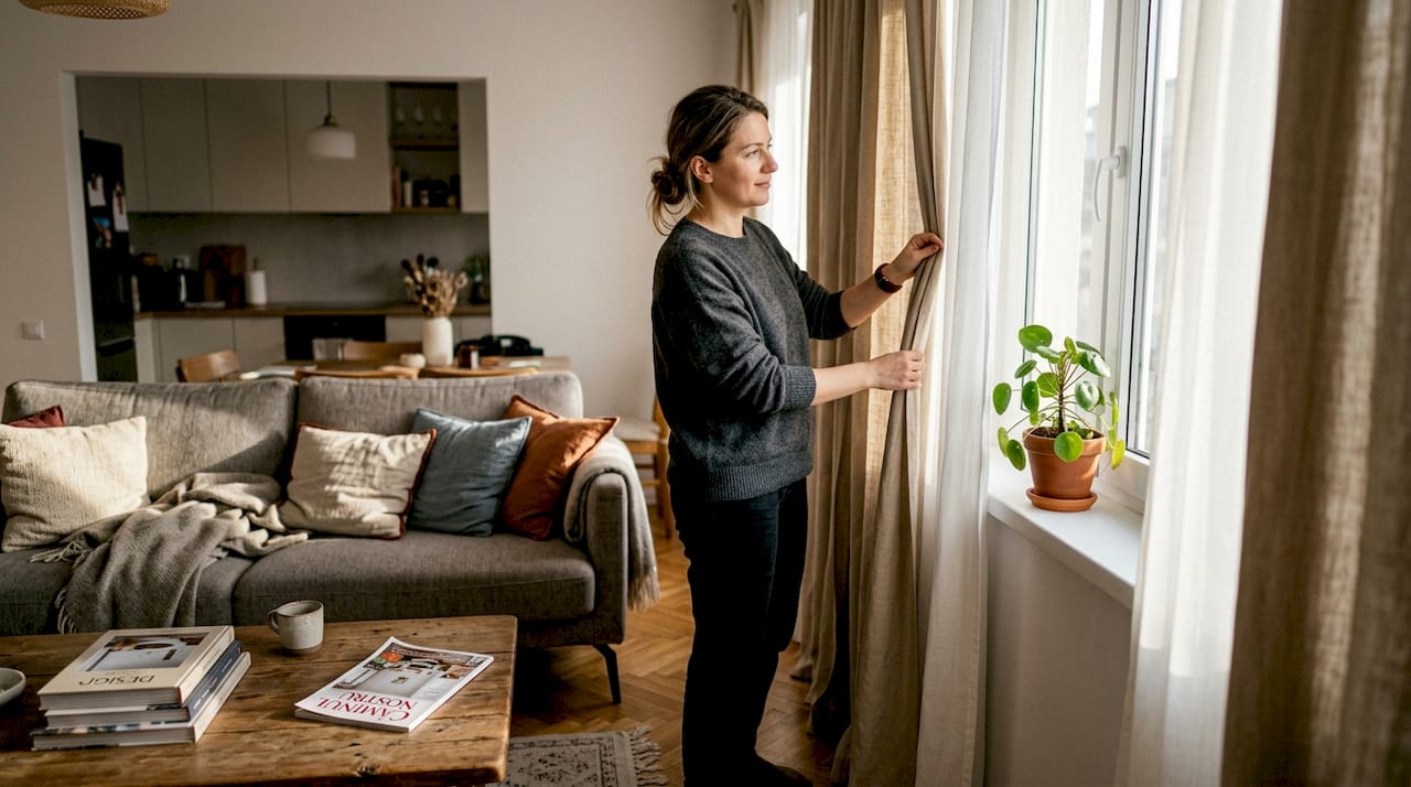 O femeie aranjează perdelele și draperiile din sufragerie, încercând să creeze o atmosferă plăcută în încăpere.