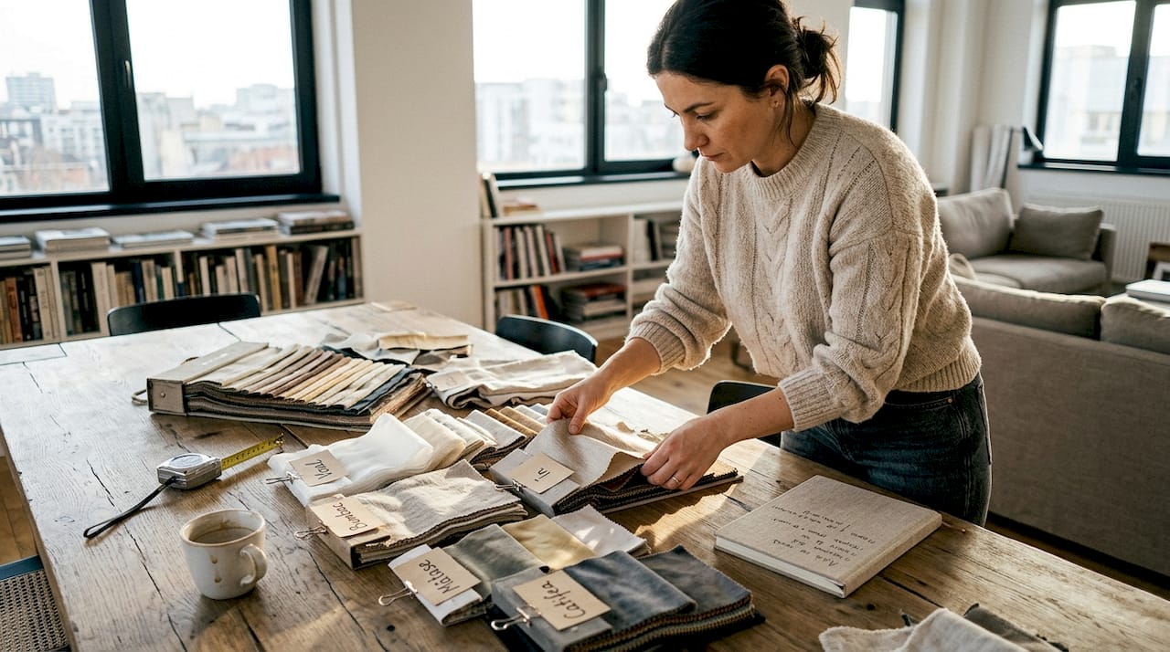 Un designer analizează și sortează mostre de materiale de calitate superioară pentru perdele.