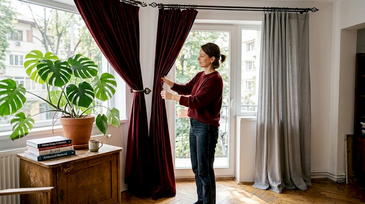 Un living amenajat cu perdele clasice și draperii moderne, care creează un contrast elegant și de efect.