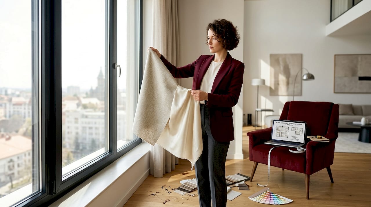 Un designer de interior analizează și compară mostre de materiale pentru perdele, încercând să aleagă cea mai potrivită textură și culoare pentru amenajarea spațiului.