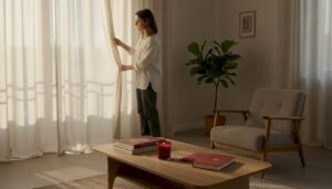 O femeie aranjează draperiile din material natural în sufragerie, pentru a lăsa lumina să pătrundă mai bine.