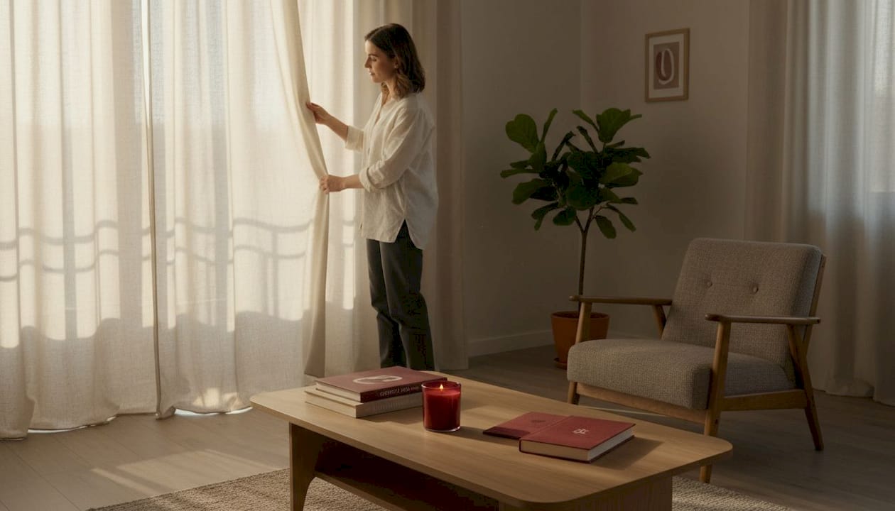 O femeie aranjează draperiile din material natural în sufragerie, pentru a lăsa lumina să pătrundă mai bine.