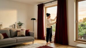 O femeie aranjează perdelele într-un living luminos, lăsând soarele să pătrundă în încăpere.