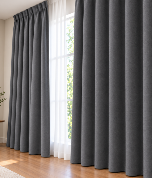 Set 2 draperii MASTEL catifea black-out premium gri antracit confectionate cu rejansa