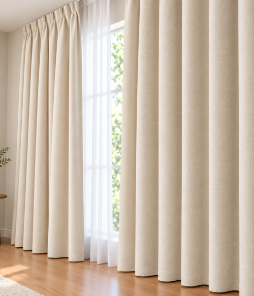 Set 2 draperii MASTEL catifea black-out premium crem-bej confectionate cu rejansa