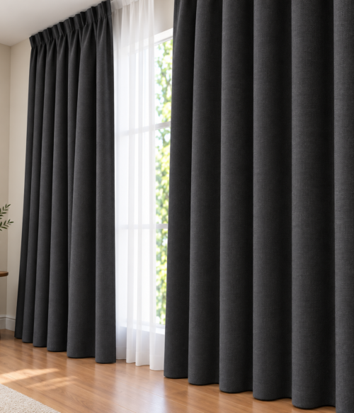 Set 2 draperii MASTEL catifea black-out premium negru confectionate cu rejansa
