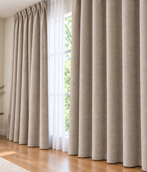 Set 2 draperii MASTEL catifea black-out premium bej inchis confectionate cu rejansa