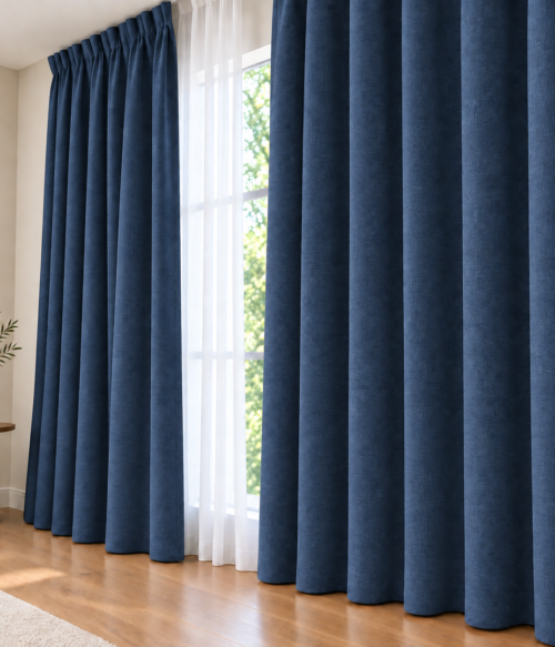 Set 2 draperii MASTEL catifea black-out premium albastru marin confectionate cu rejansa