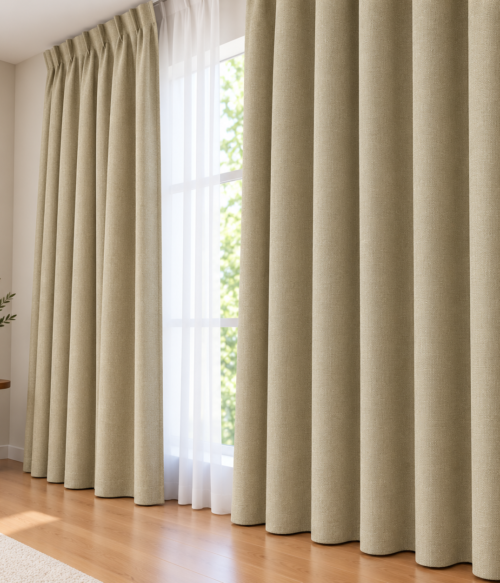 Set 2 draperii MASTEL catifea black-out premium bej olive confectionate cu rejansa