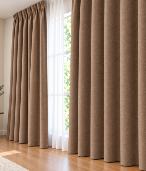 Set 2 draperii MASTEL catifea black-out premium maro confectionate cu rejansa