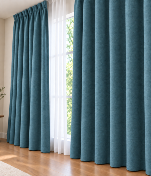 Set 2 draperii MASTEL catifea black-out premium albastru petrol confectionate cu rejansa