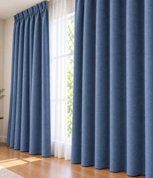 Set 2 draperii MASTEL catifea black-out premium bleumarin deschis confectionate cu rejansa