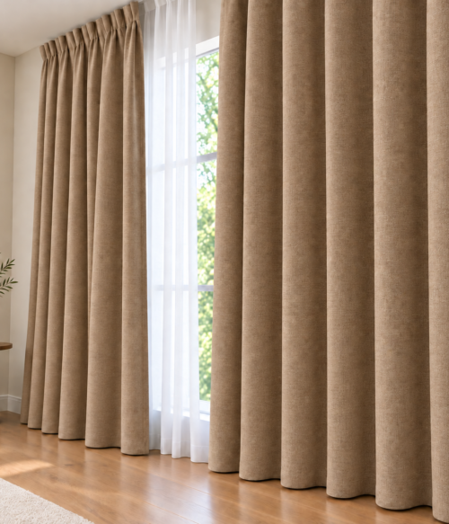 Set 2 draperii MASTEL catifea black-out premium bej caramel confectionate cu rejansa