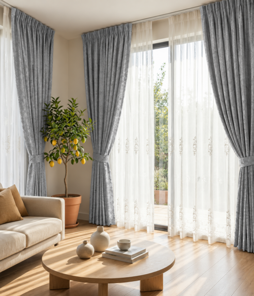 Set 2 draperii MASTEL catifea black-out luxury cu model gri confectionate cu rejansa