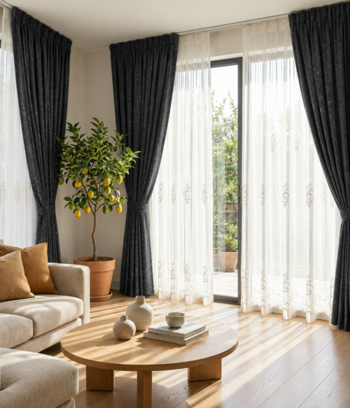 Set 2 draperii MASTEL catifea black-out luxury cu model negru confectionate cu rejansa