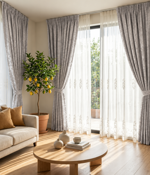 Set 2 draperii MASTEL catifea black-out luxury cu model gri deschis confectionate cu rejansa
