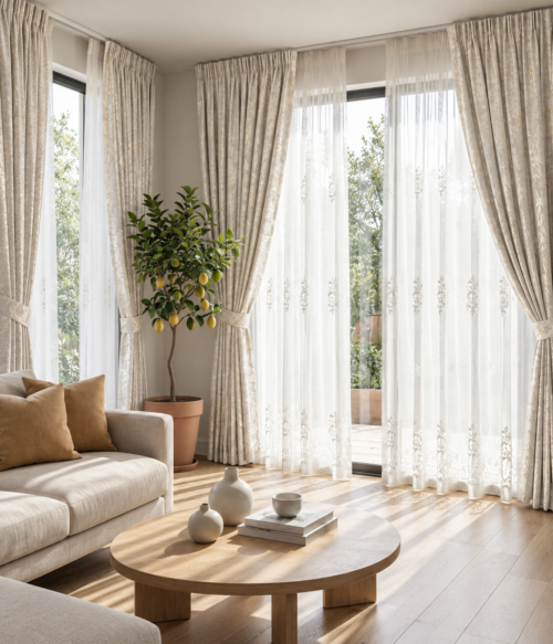 Set 2 draperii MASTEL catifea black-out luxury cu model crem confectionate cu rejansa