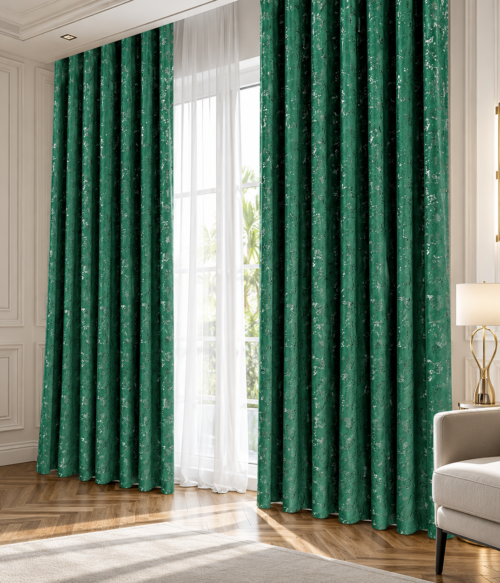 Set 2 draperii MASTEL catifea black-out glamour verde light confectionate cu rejansa