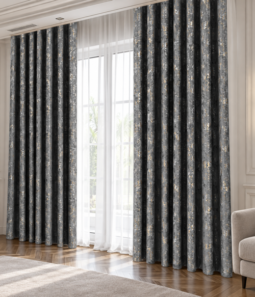 Set 2 draperii MASTEL catifea black-out glamour gri 102 confectionate cu rejansa