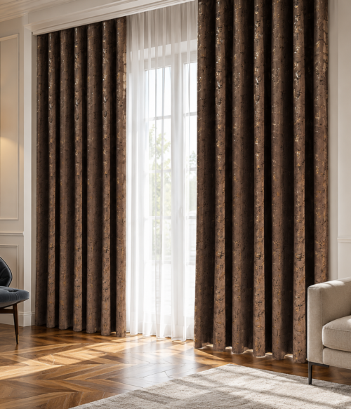 Set 2 draperii MASTEL catifea black-out glamour maro confectionate cu rejansa