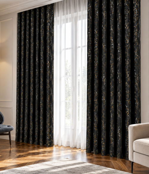 Set 2 draperii MASTEL catifea black-out glamour negru confectionate cu rejansa