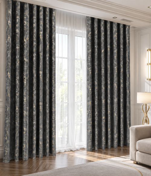 Set 2 draperii MASTEL catifea black-out glamour gri confectionate cu rejansa
