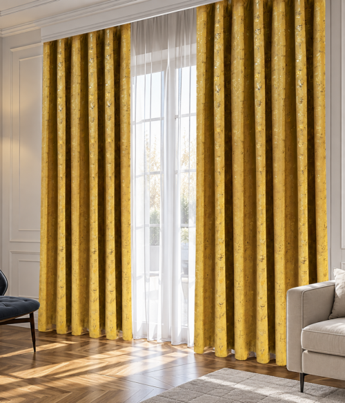 Set 2 draperii MASTEL catifea black-out glamour galben 201 confectionate cu rejansa