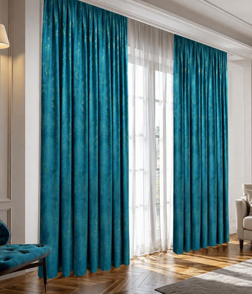 Set 2 draperii MASTEL catifea black-out cu insertii albastru confectionate cu rejansa