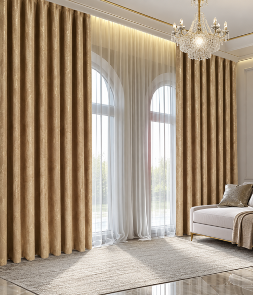 Set 2 draperii MASTEL catifea black-out cu insertii bej light confectionate cu rejansa
