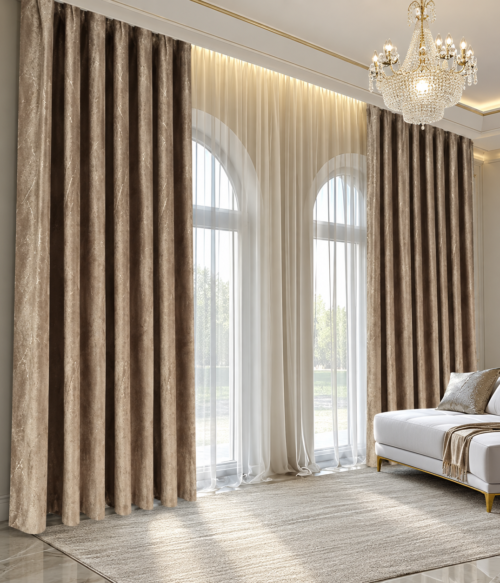 Set 2 draperii MASTEL catifea black-out cu insertii bej inchis confectionate cu rejansa