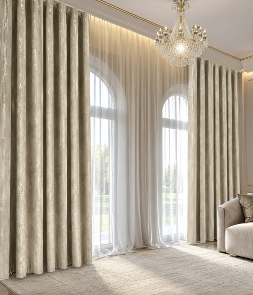 Set 2 draperii MASTEL catifea black-out cu insertii crem confectionate cu rejansa
