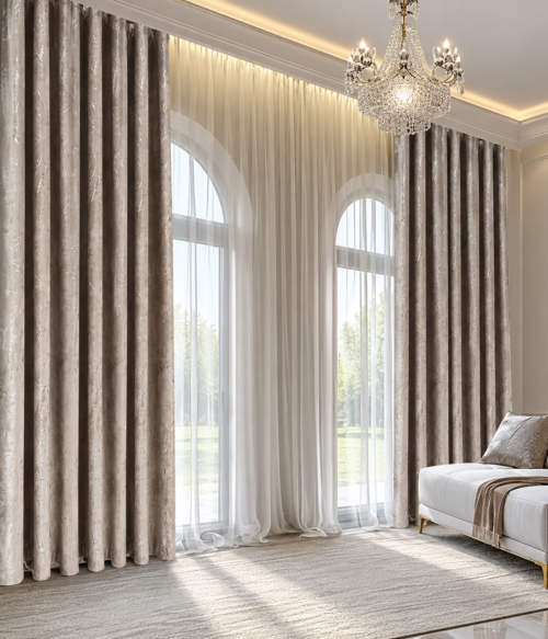 Set 2 draperii MASTEL catifea black-out cu insertii crem gri confectionate cu rejansa