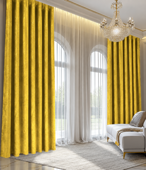 Set 2 draperii MASTEL catifea black-out cu insertii galben confectionate cu rejansa