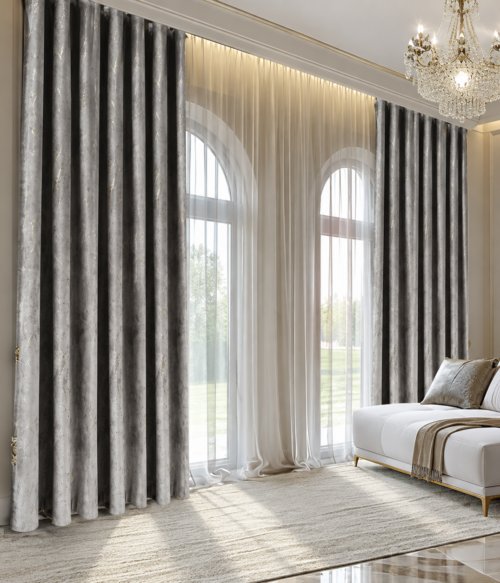 Set 2 draperii MASTEL catifea black-out cu insertii gri confectionate cu rejansa