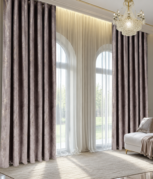 Set 2 draperii MASTEL catifea black-out cu insertii gri lila confectionate cu rejansa