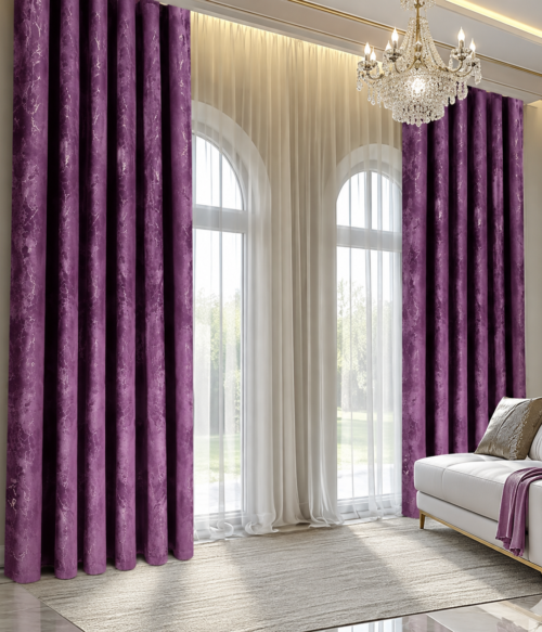 Set 2 draperii MASTEL catifea black-out cu insertii mov confectionate cu rejansa