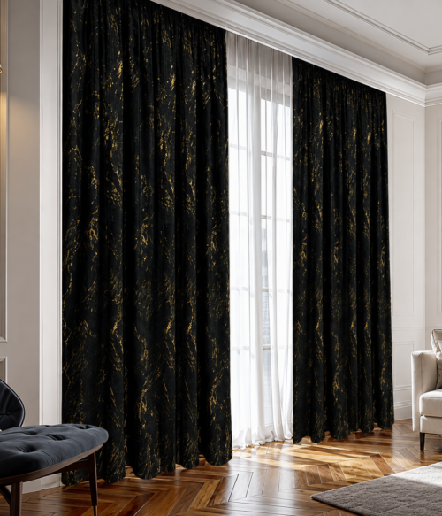 Set 2 draperii MASTEL catifea black-out cu insertii negru confectionate cu rejansa