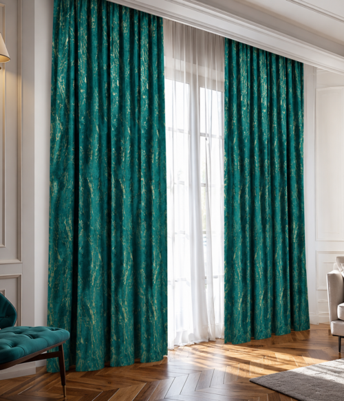 Set 2 draperii MASTEL catifea black-out cu insertii turcoaz confectionate cu rejansa