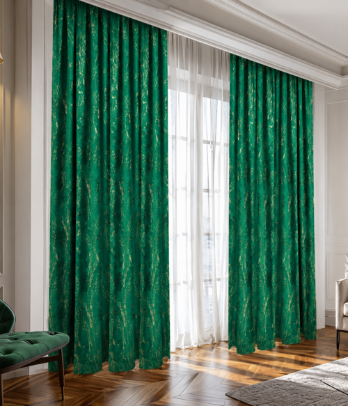Set 2 draperii MASTEL catifea black-out cu insertii verde confectionate cu rejansa