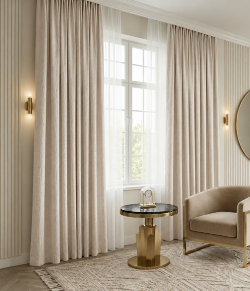 Set 2 draperii MASTEL catifea texturata black-out premium bej light confectionata cu rejansa