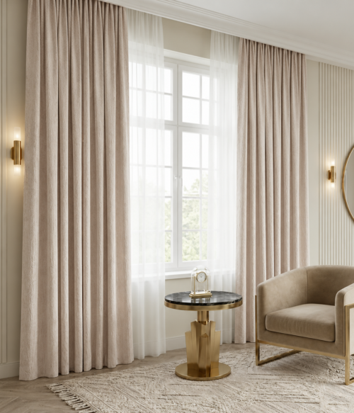 Set 2 draperii MASTEL catifea texturata black-out premium bej inchis confectionata cu rejansa