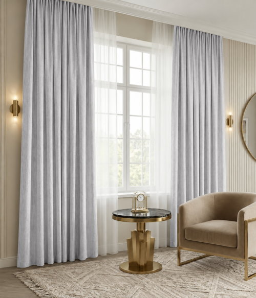 Set 2 draperii MASTEL catifea texturata black-out premium gri deschis confectionata cu rejansa