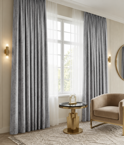Set 2 draperii MASTEL catifea texturata black-out premium gri cenusiu confectionata cu rejansa